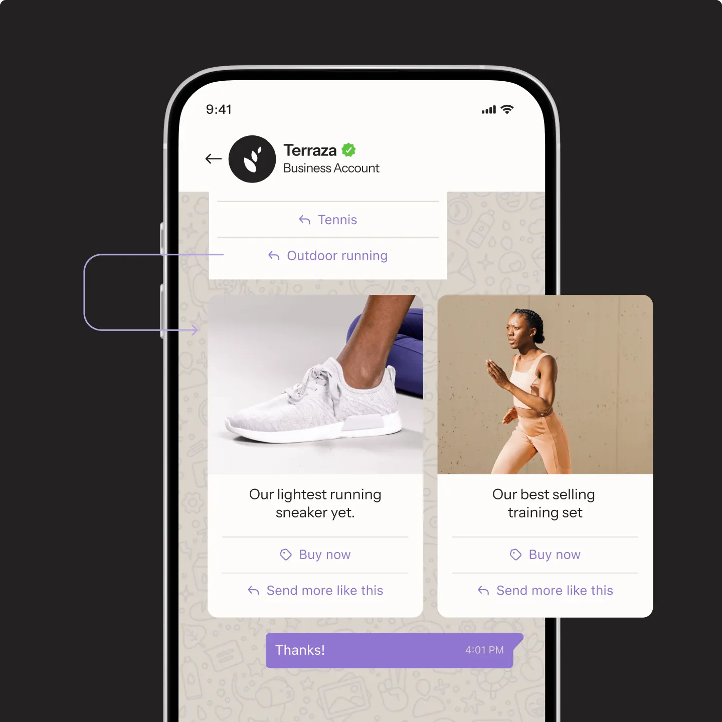 Smartphone screen showing a WhatsApp Business chat with product cards for a light gray running sneaker and a best-selling training set, and a purple message bubble saying 'Thanks!'
